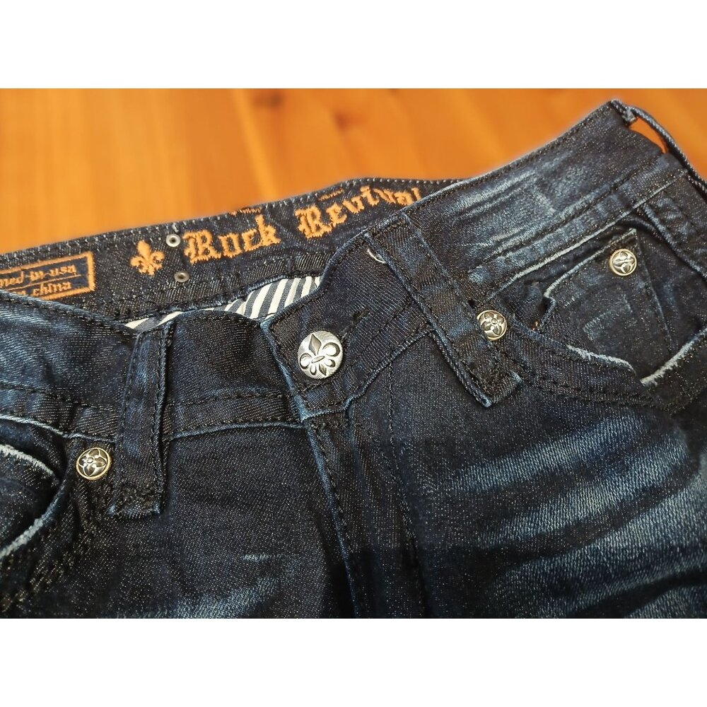 Rock Revival Jeans Dark Blue Wash Faded Distressed Heath Bootcut Size 30 - Picture 5 of 10